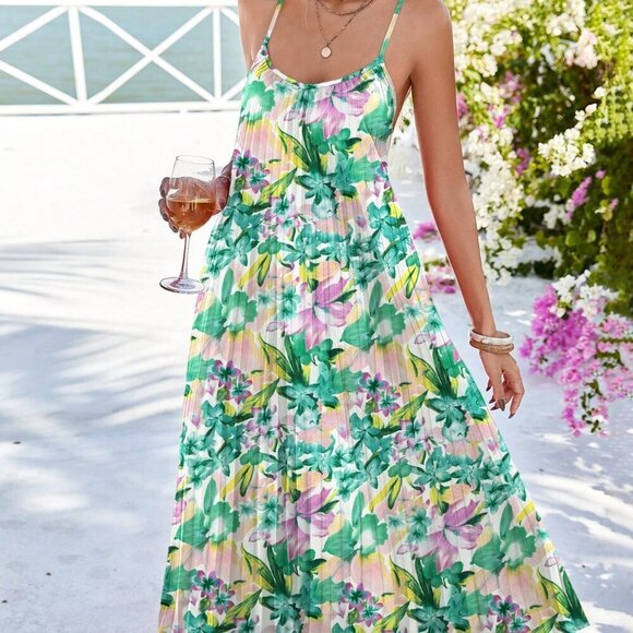 Multicolor Boho Womens A-Line Pleated Romantic Floral Print Sling Backless Dress - Picture 4 of 5